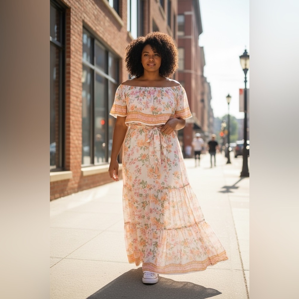 Pink Lily Maxi Ruffled Tiered Size Small Floral Cream Pink Women’s Belted Dress
